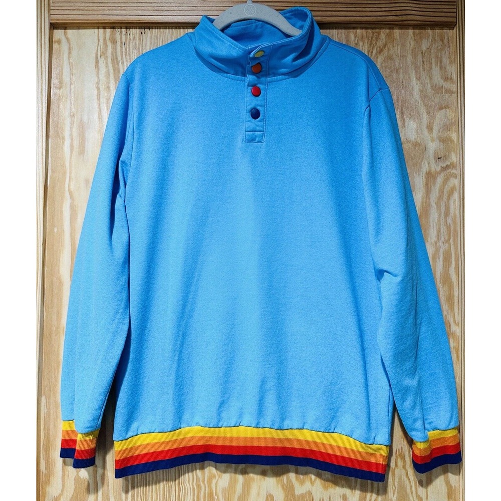 Aldi Quarter Snap Pullover Sweatshirt Unisex Medium Blue Rainbow Striped EUC